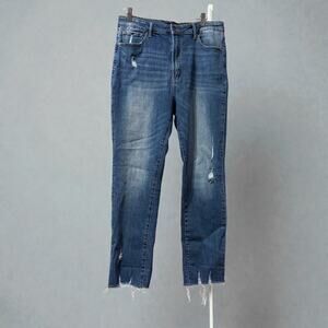 Risen Los Angeles Distressed Raw Hem Straight Leg Jeans 32 15 Blue High Rise